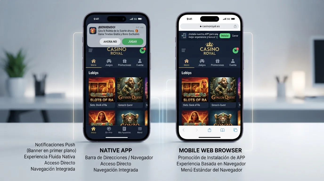 Comparación lado a lado: app nativa con notificaciones vs web móvil responsive en navegador