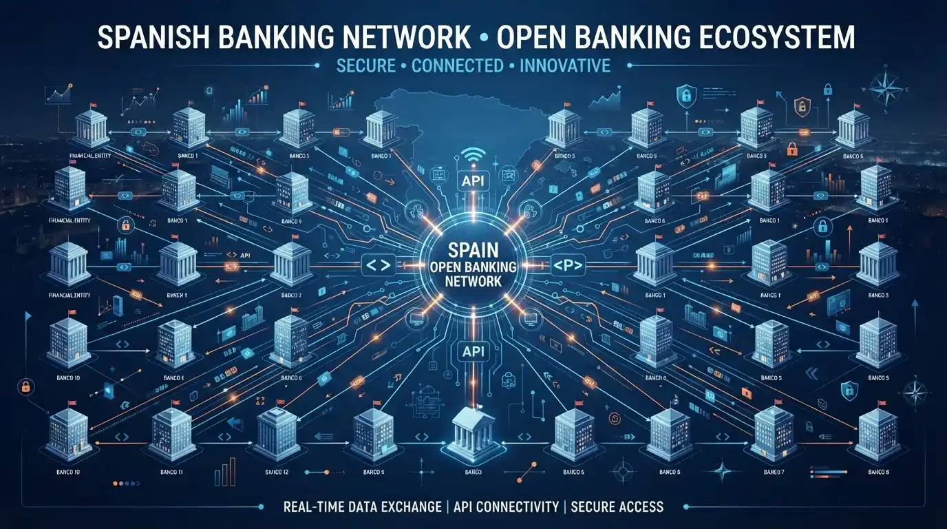 Logos de bancos españoles sobre fondo de API abierta