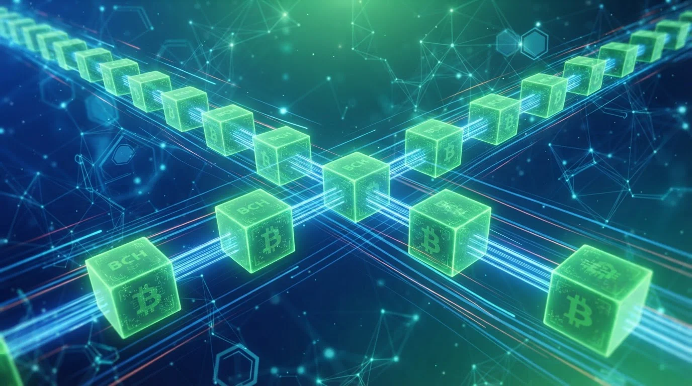 Concepto visual de Bitcoin Cash con bloques de blockchain y símbolos de transacción rápida