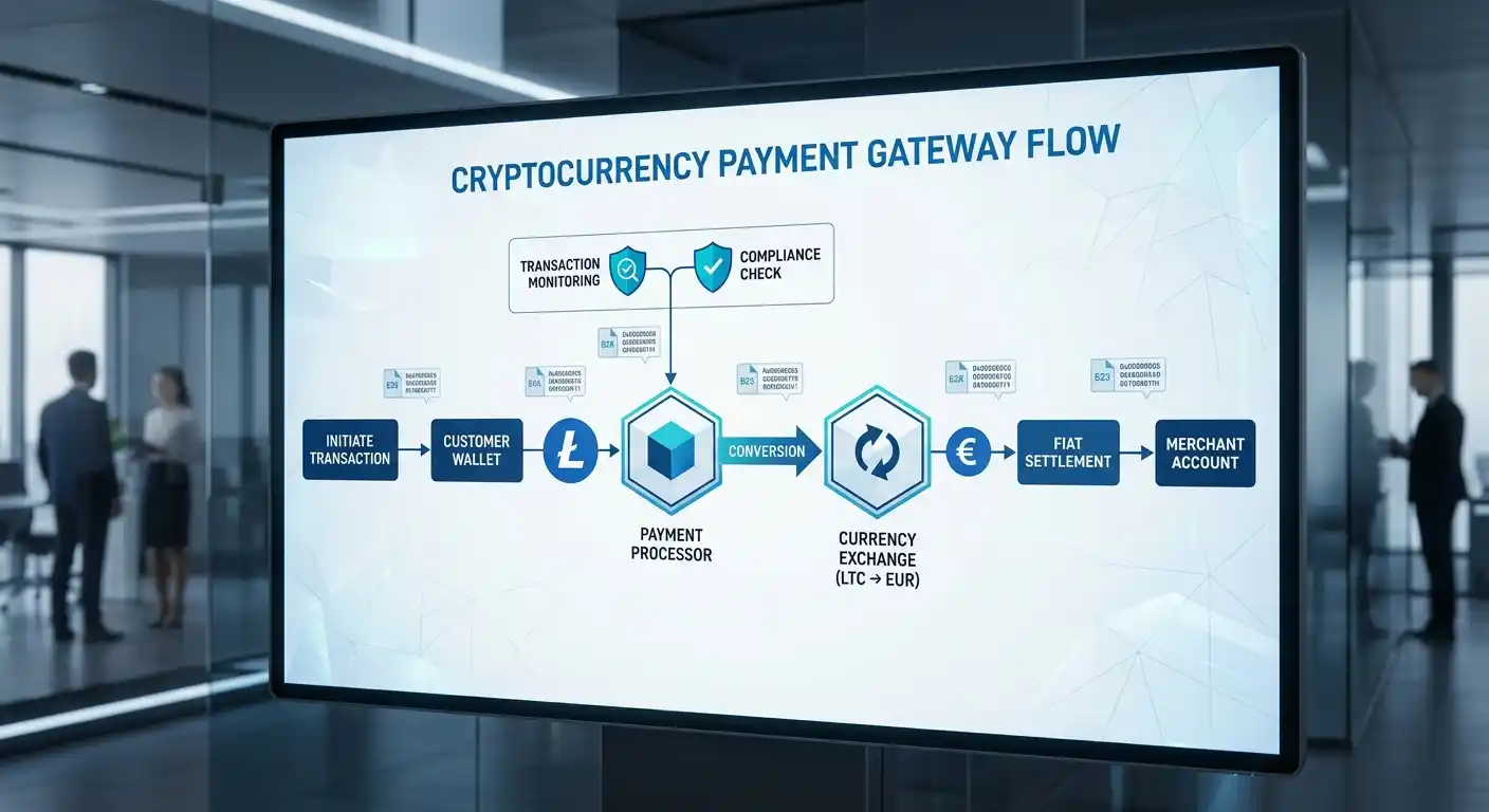 Diagrama técnico de pasarela de pago mostrando flujo Litecoin a Euro mediante procesador