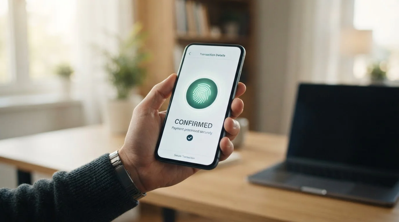 Smartphone mostrando interfaz de pago Bizum con confirmación biométrica