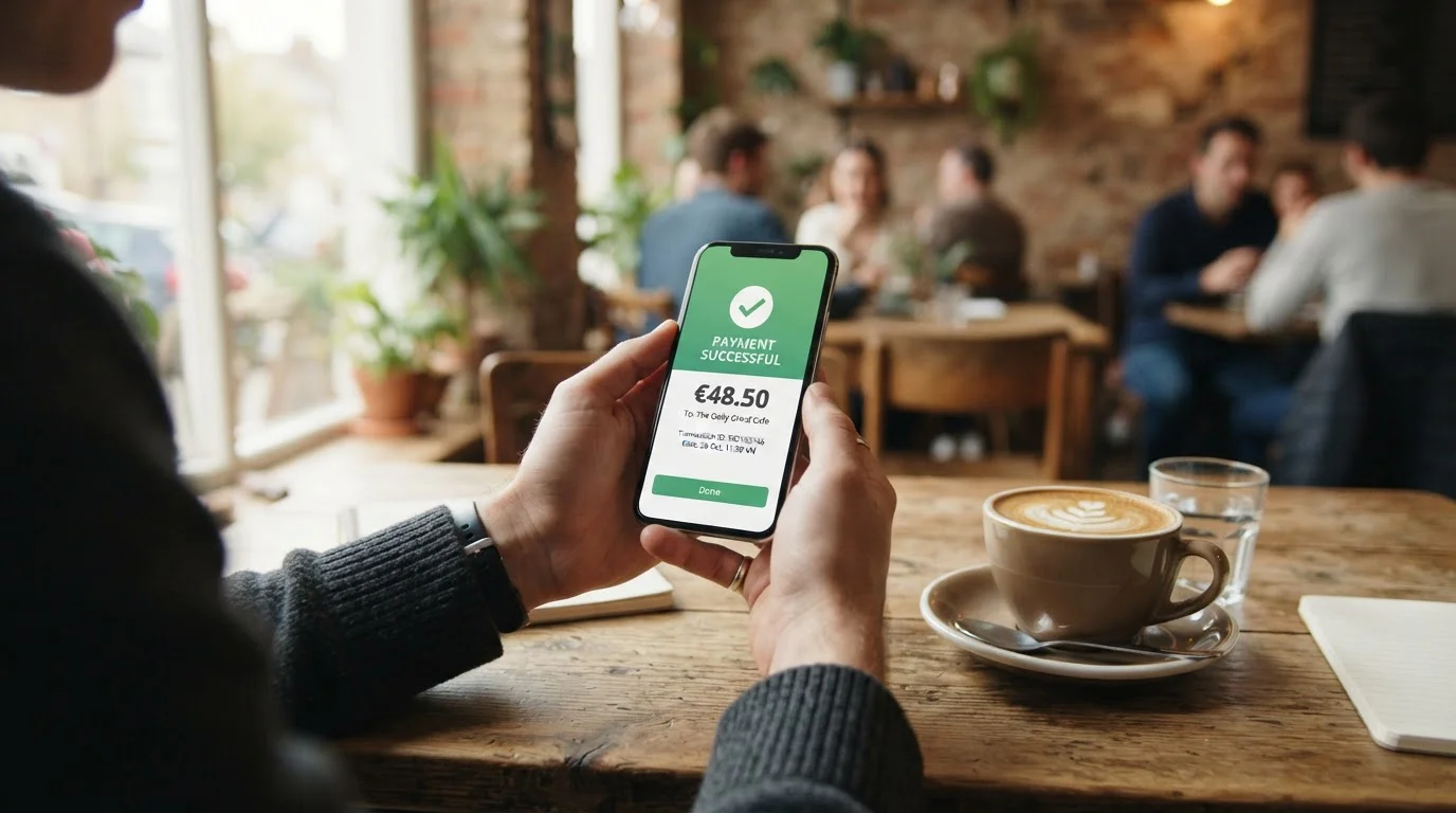 Persona realizando pago con smartphone usando app bancaria
