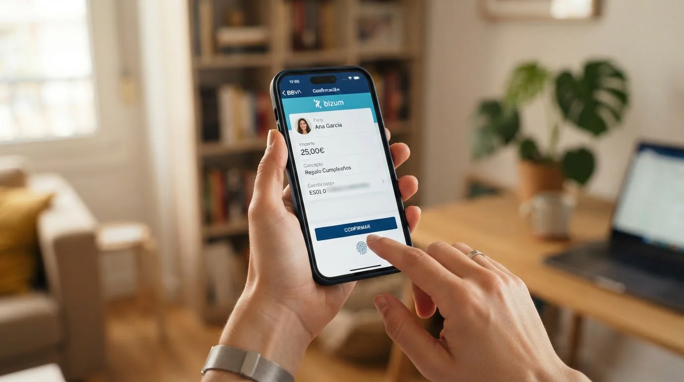 Smartphone con app bancaria mostrando pago instantáneo Bizum sin introducir tarjeta