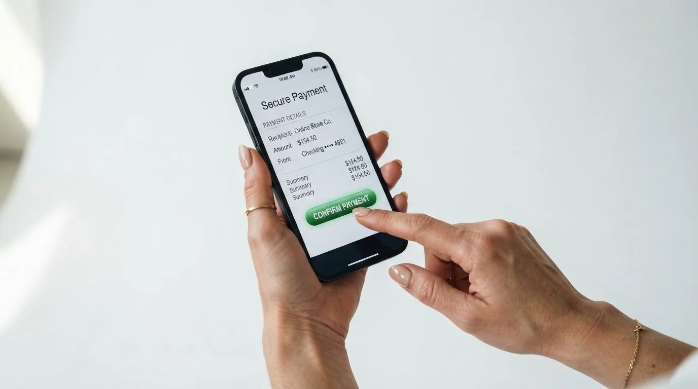 Mano sujetando smartphone con aplicación de banca móvil abierta y dedo sobre botón de confirmación de pago
