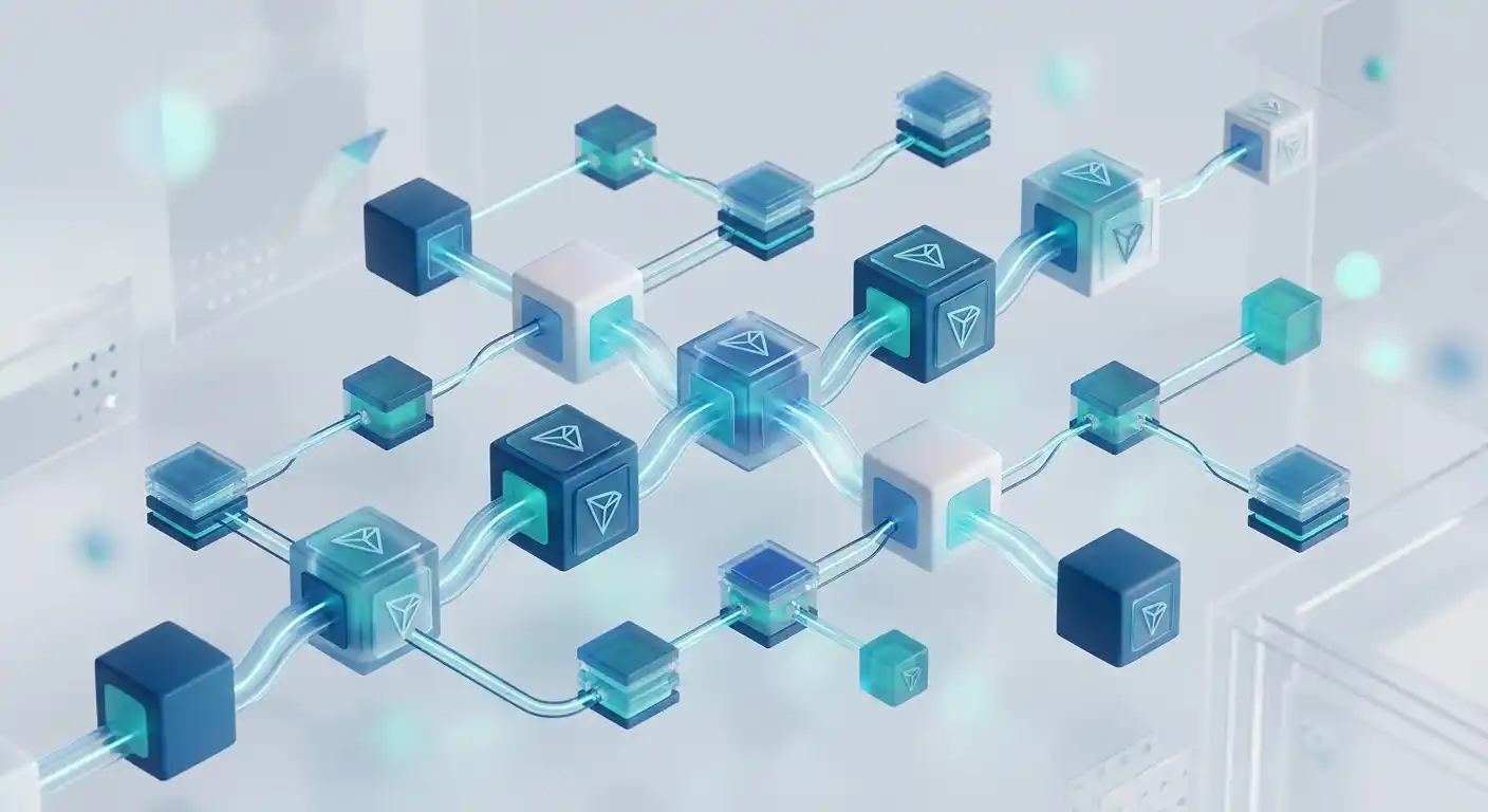 Diagrama de red blockchain con bloques conectados y símbolo de Tron