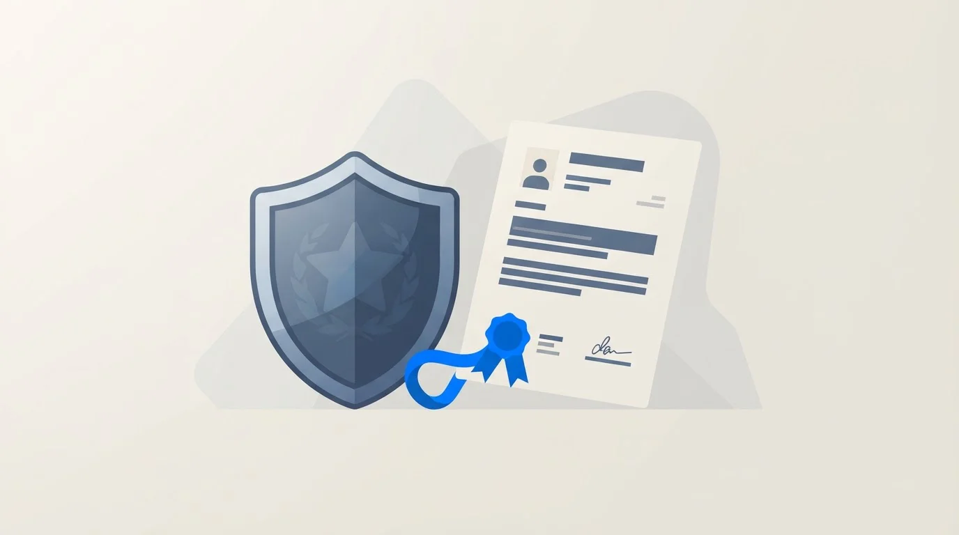 Escudo y documento de licencia representando seguridad y regulación