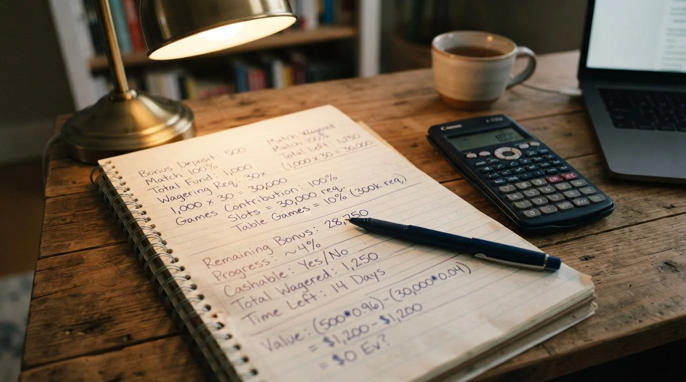 Primer plano de cuaderno con cálculos escritos a mano mostrando números y porcentajes junto a calculadora y bolígrafo