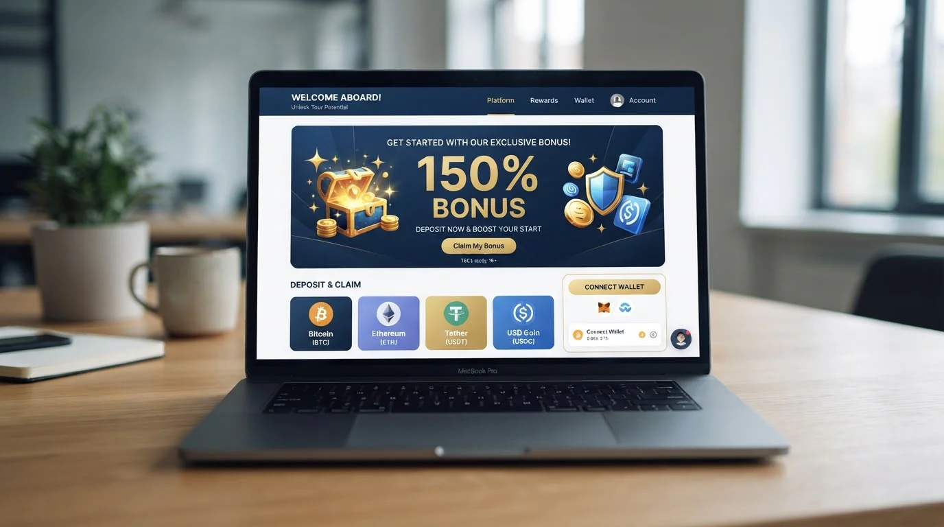 Pantalla de casino mostrando bono de bienvenida con depósito en criptomonedas