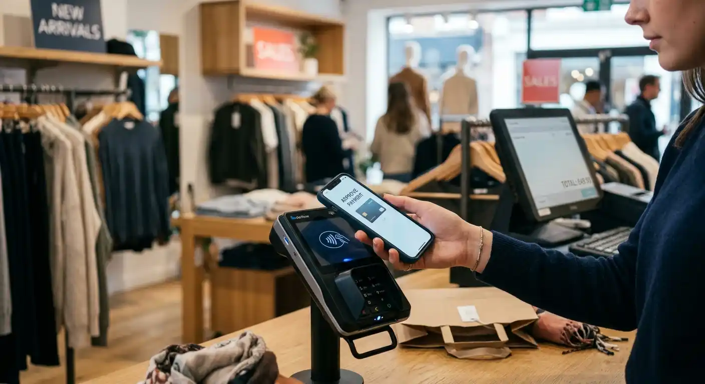 Smartphone mostrando terminal de pago NFC en comercio físico con tarjeta cerca del lector