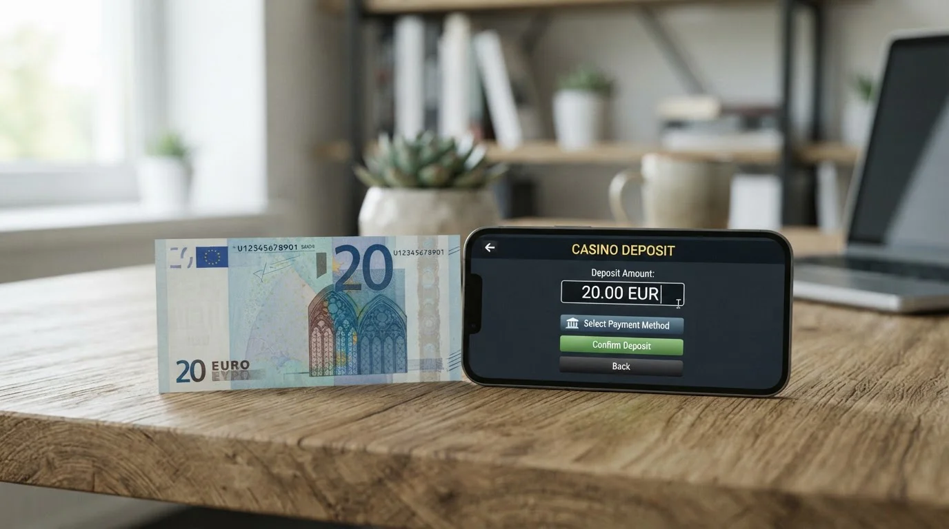 Billete de 20 euros junto a smartphone mostrando pantalla de depósito en casino online