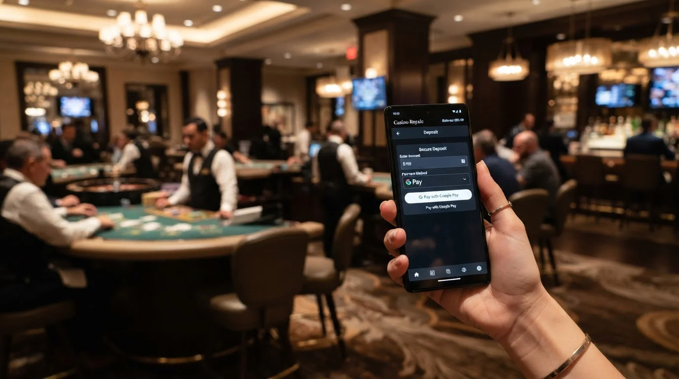 Smartphone en mano mostrando app de casino con depósito mediante Google Pay en cajero digital