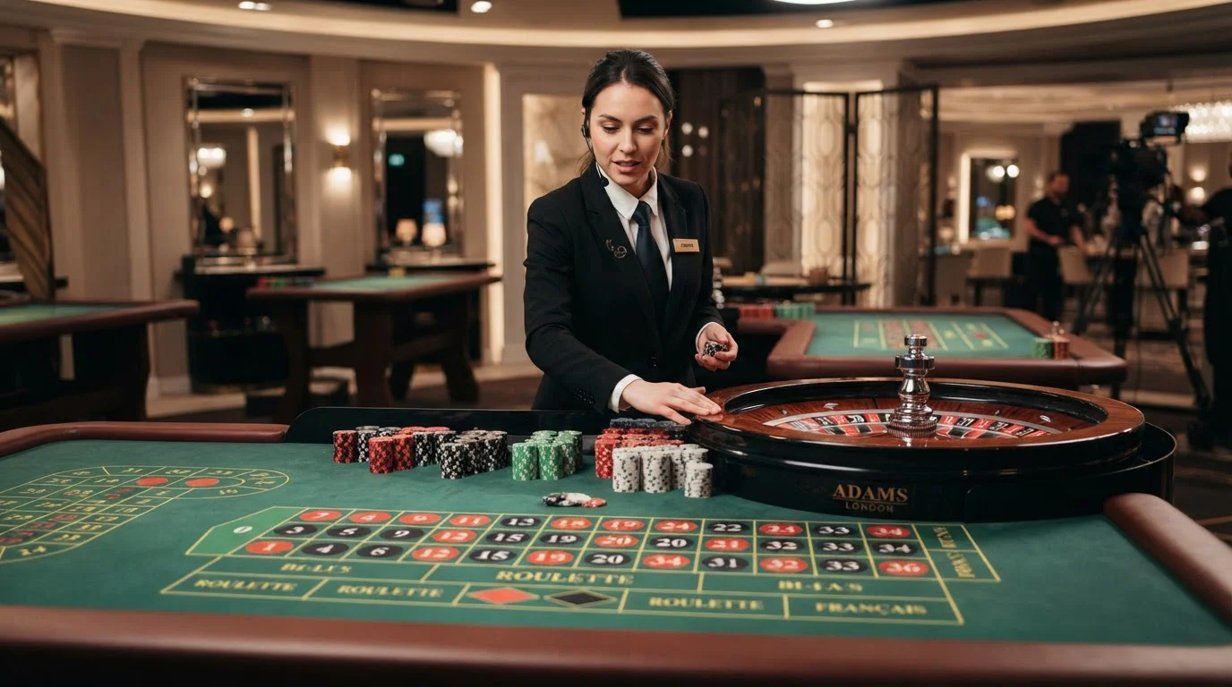 Mesa de casino en vivo con crupier femenina profesional gestionando ruleta europea con fichas
