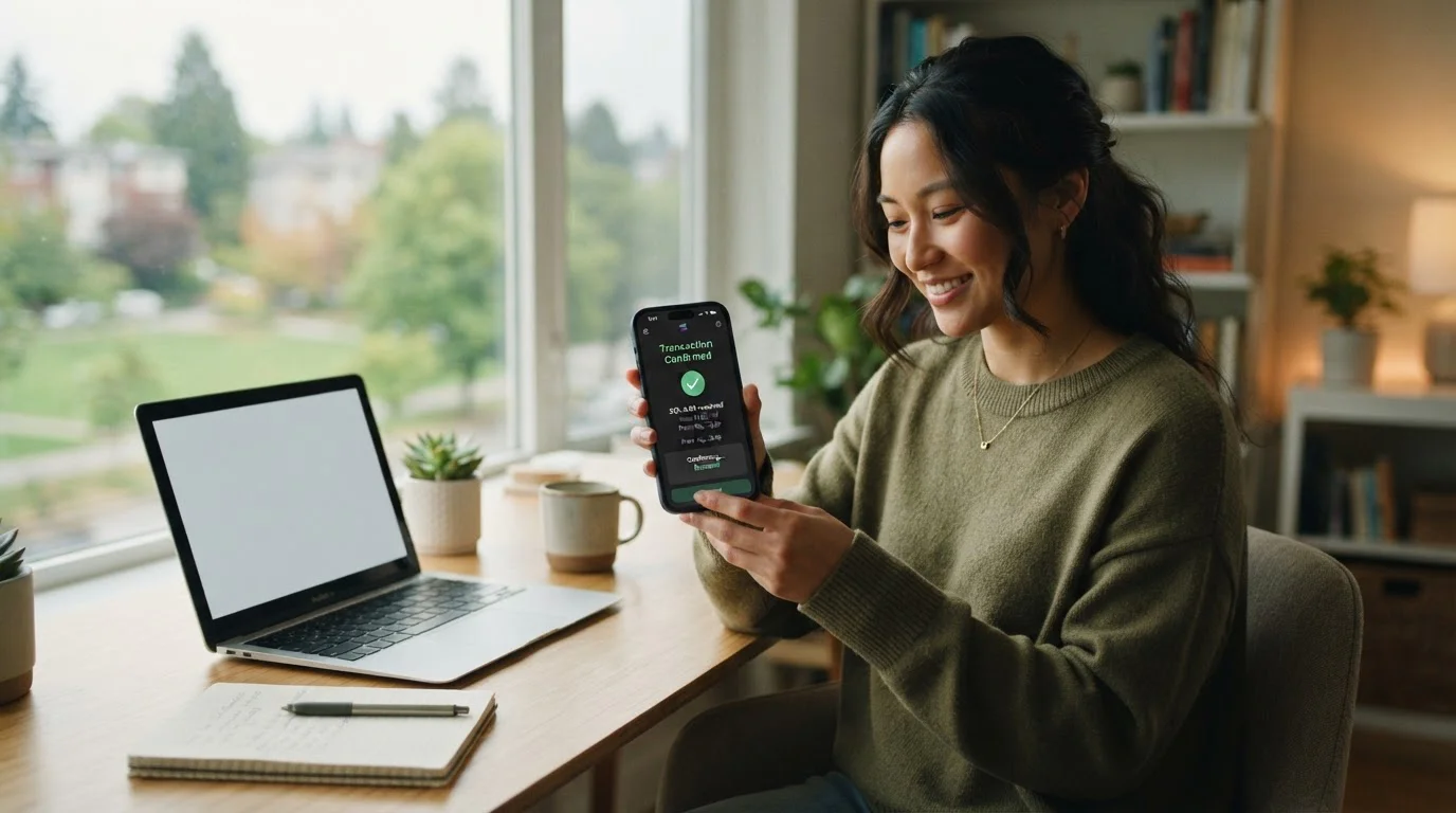 Persona joven revisando pantalla de smartphone con wallet de criptomonedas mostrando transacción confirmada