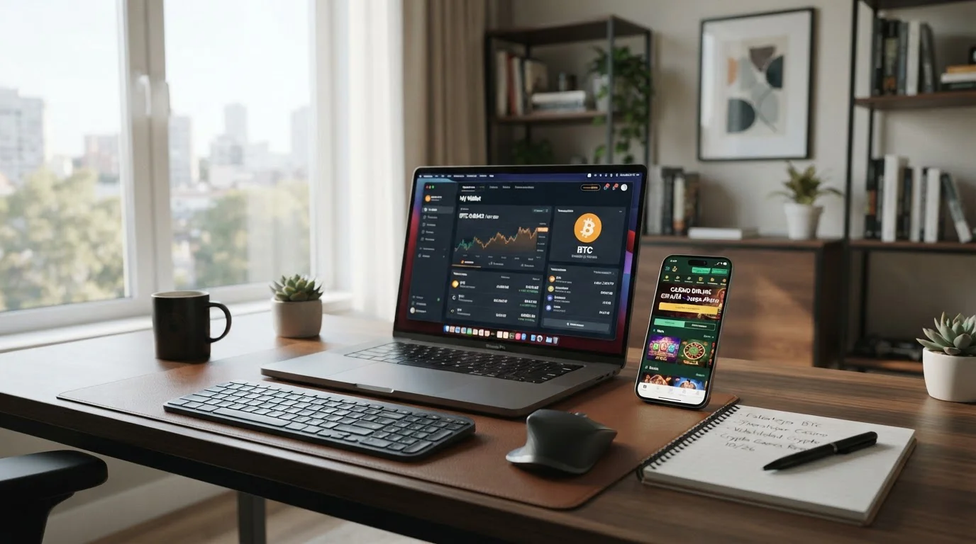 Jugador revisando casinos de criptomonedas en ordenador con wallet de Bitcoin abierta