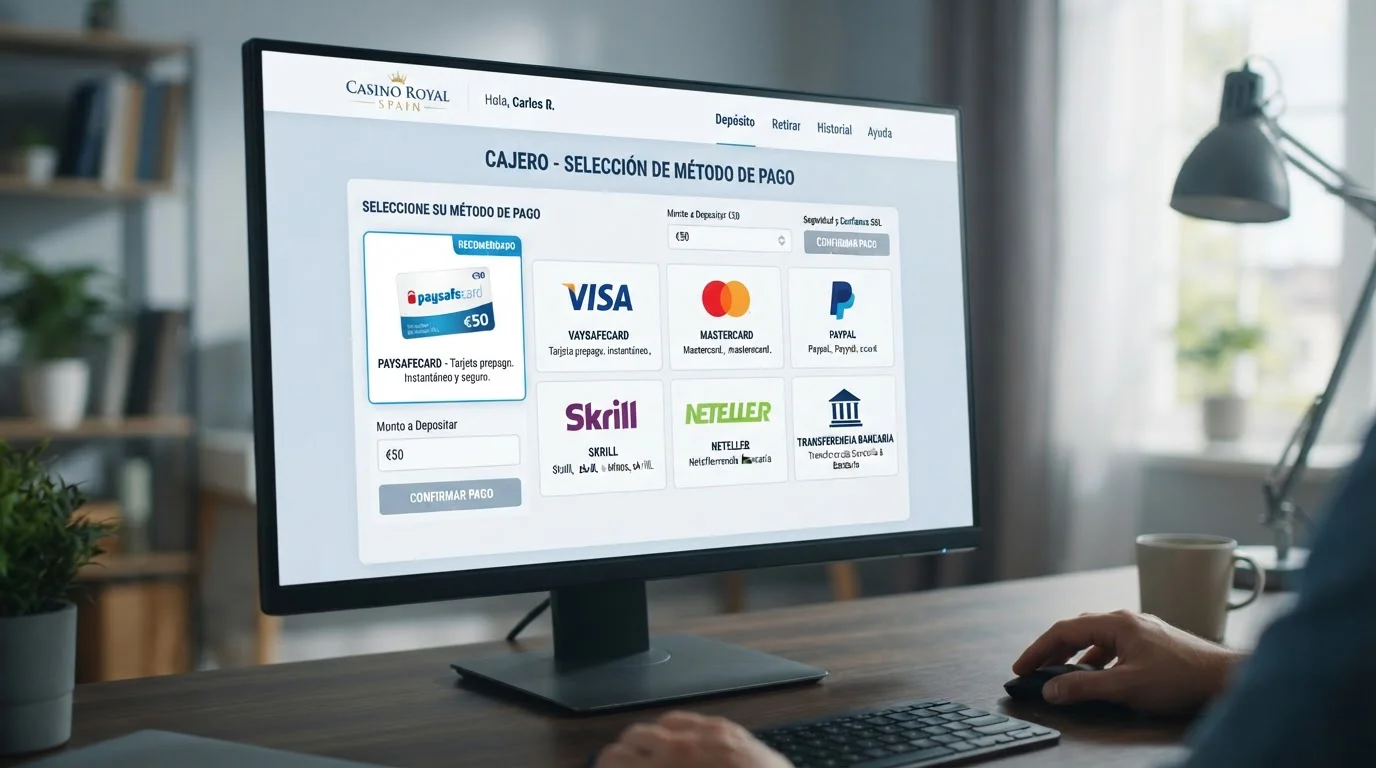 Interfaz de cajero de casino online mostrando selección de método de pago Paysafecard