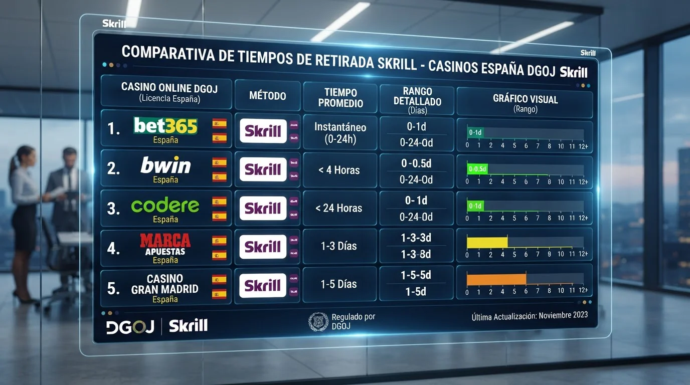 Tabla comparativa mostrando velocidades de retirada con Skrill en diferentes casinos DGOJ