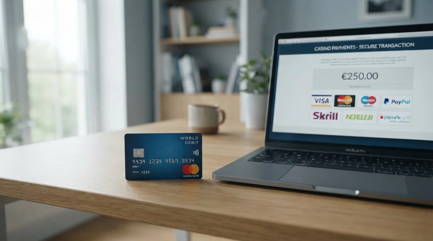 Tarjeta Mastercard junto a interfaz de casino online con opciones de pago en pantalla