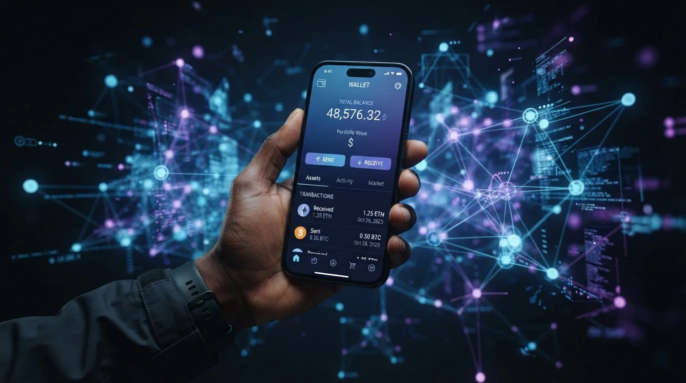 Ilustración conceptual de blockchain y criptomonedas para pagos rápidos
