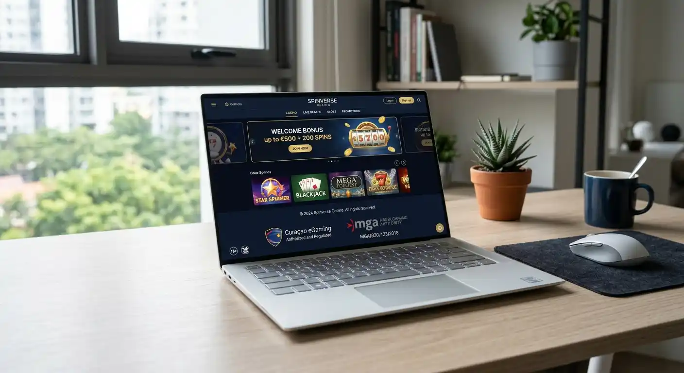 Laptop mostrando casino internacional con logos licencias Curaçao y MGA