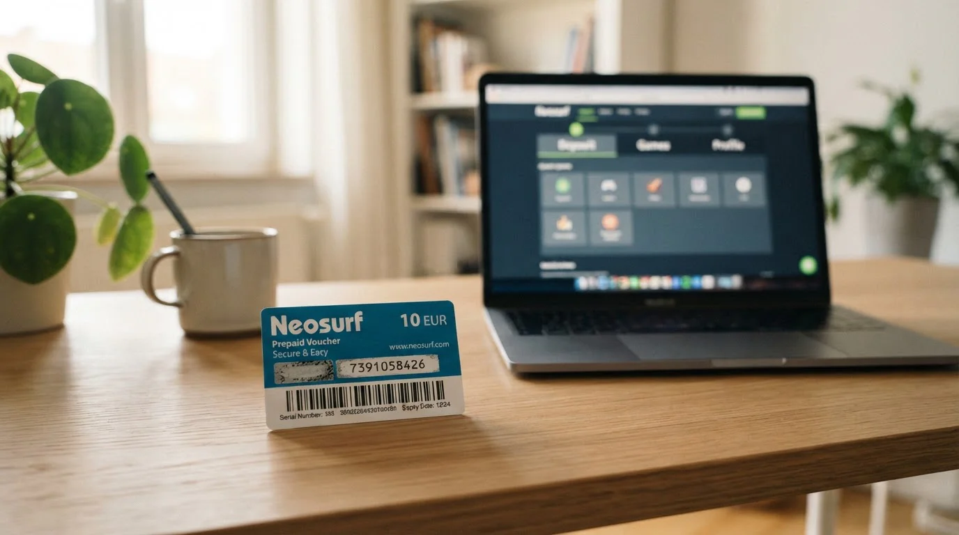 Tarjeta prepago Neosurf con código PIN sobre escritorio junto a laptop mostrando casino online