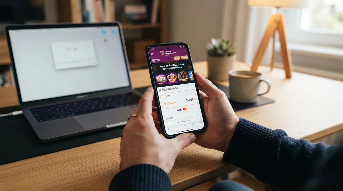 Persona usando smartphone con app de casino y Bizum en pantalla