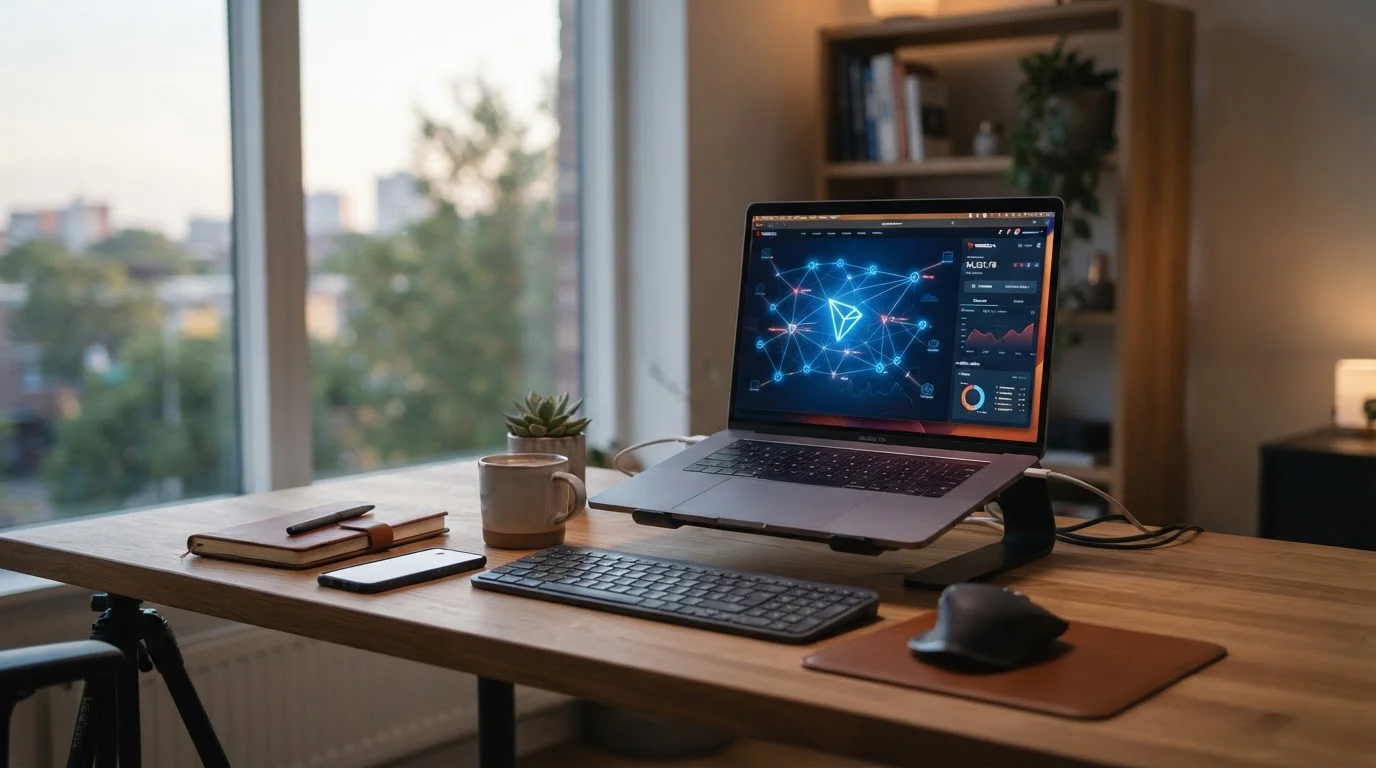 Escritorio con laptop mostrando gráfico de blockchain Tron y billetera de criptomonedas