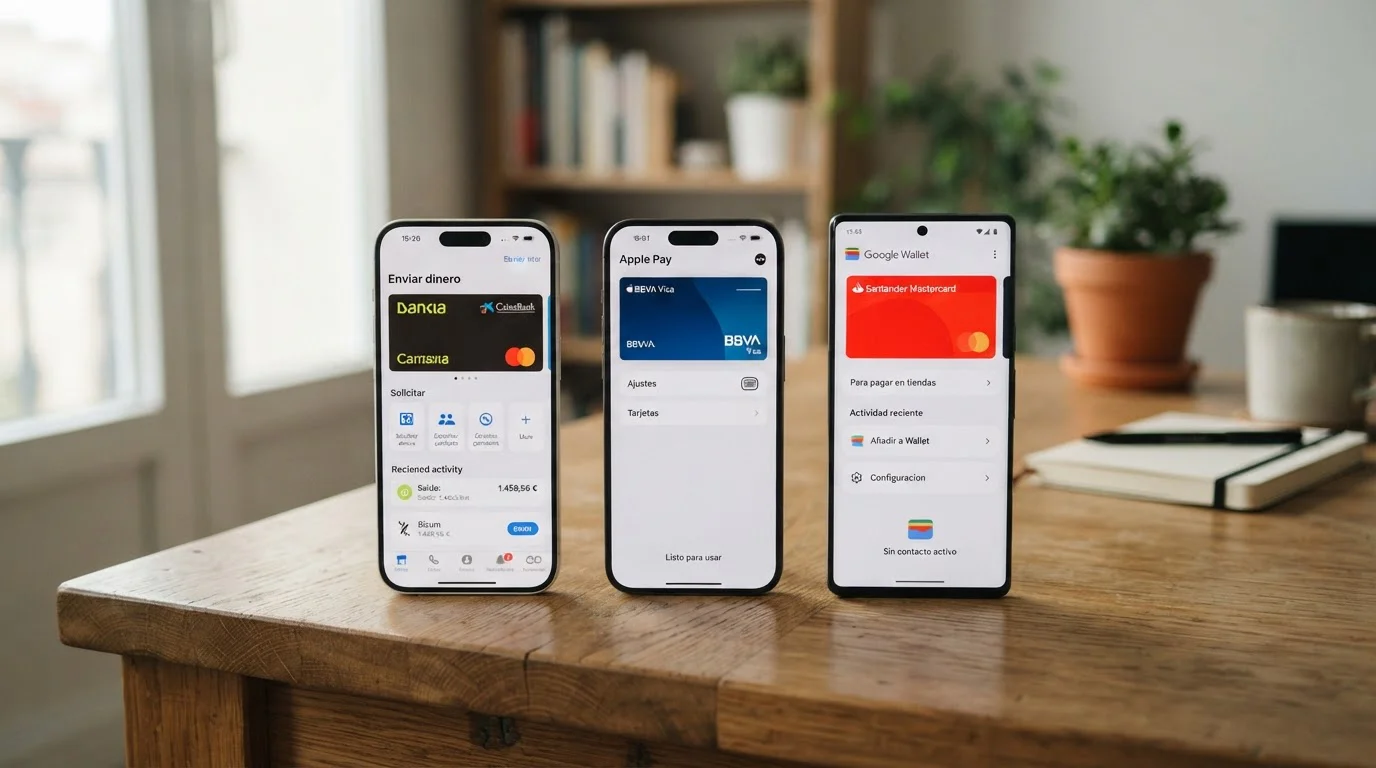 Tabla comparativa de métodos de pago móvil con smartphone mostrando apps de Bizum Apple Pay Google Pay