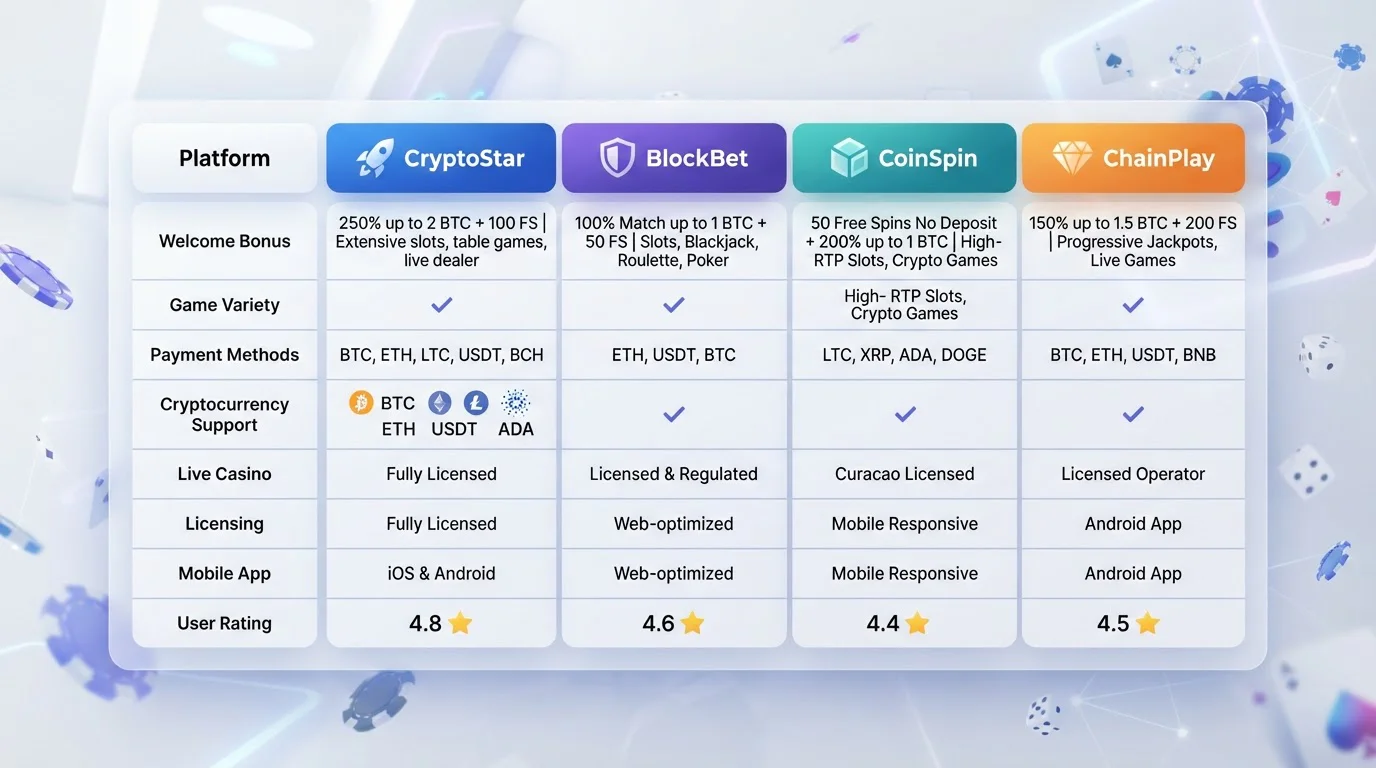 Tabla comparativa con logos de casinos cripto y columnas de características