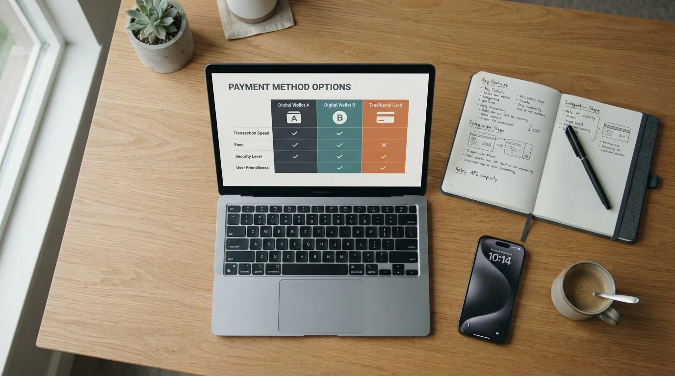 Vista cenital de escritorio con laptop mostrando comparativa de métodos de pago y gráfico simple