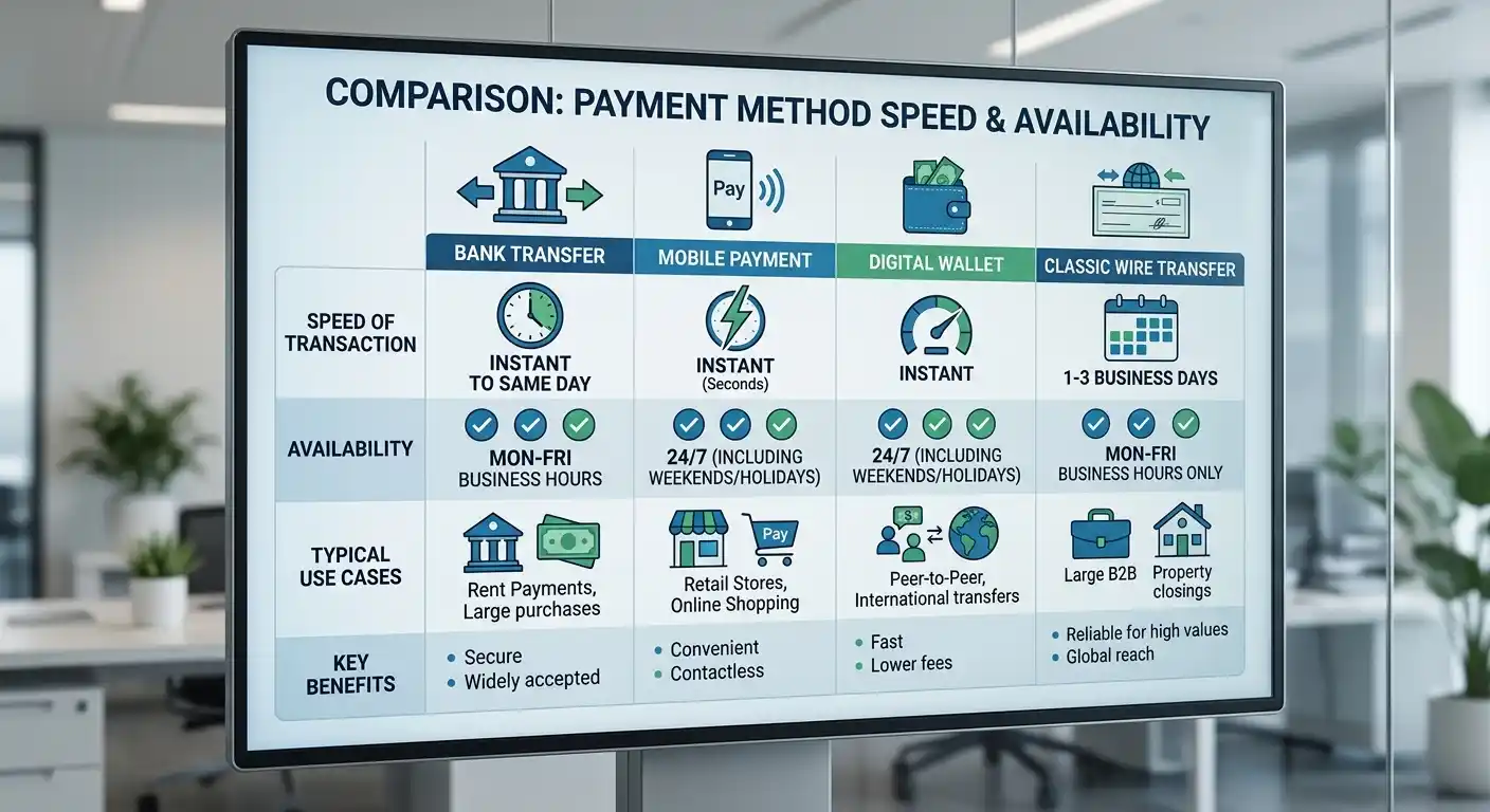 Tabla comparativa de métodos de pago con velocidad y disponibilidad