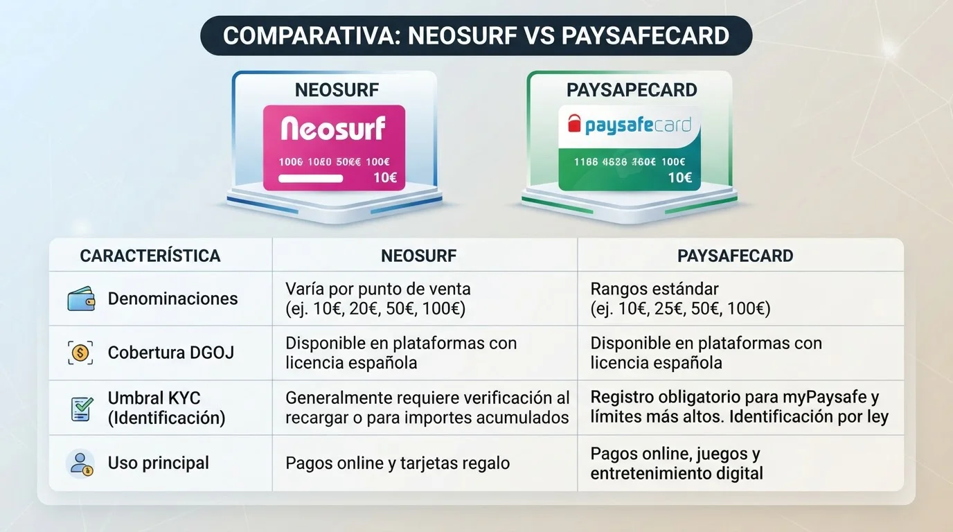 Comparación visual lado a lado de tarjeta Neosurf y Paysafecard con tabla de diferencias: denominaciones, cobertura DGOJ, umbral KYC