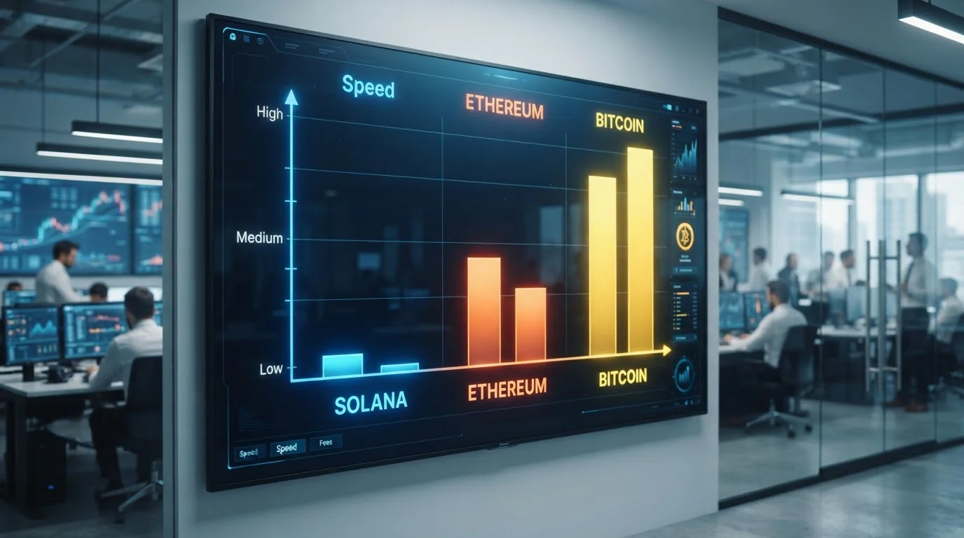 Gráfico de barras comparando velocidad de transacciones entre Solana, Bitcoin, Ethereum y USDT-TRC20