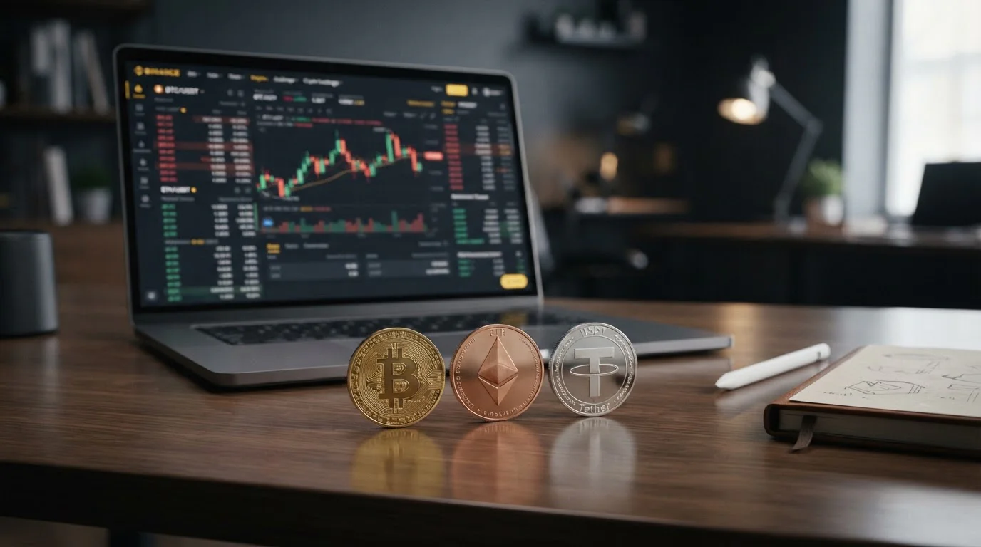 Monedas físicas de Bitcoin, Ethereum y USDT sobre superficie reflectante