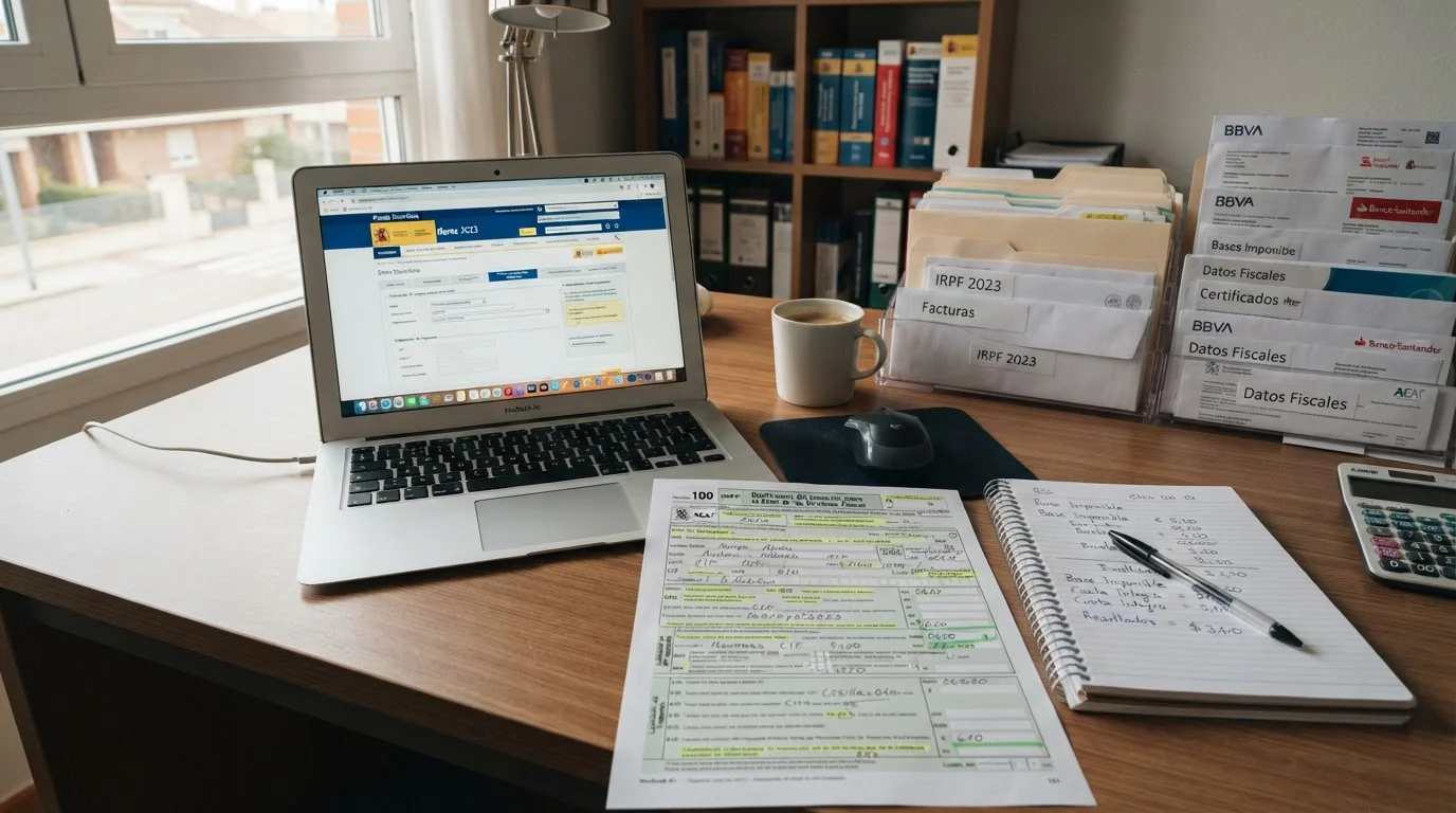 Documentos de declaración fiscal española con formulario Modelo 100 IRPF destacado