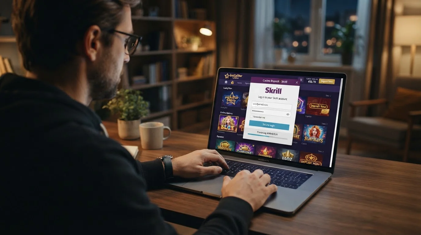 Persona depositando en casino online con Skrill desde ordenador portátil