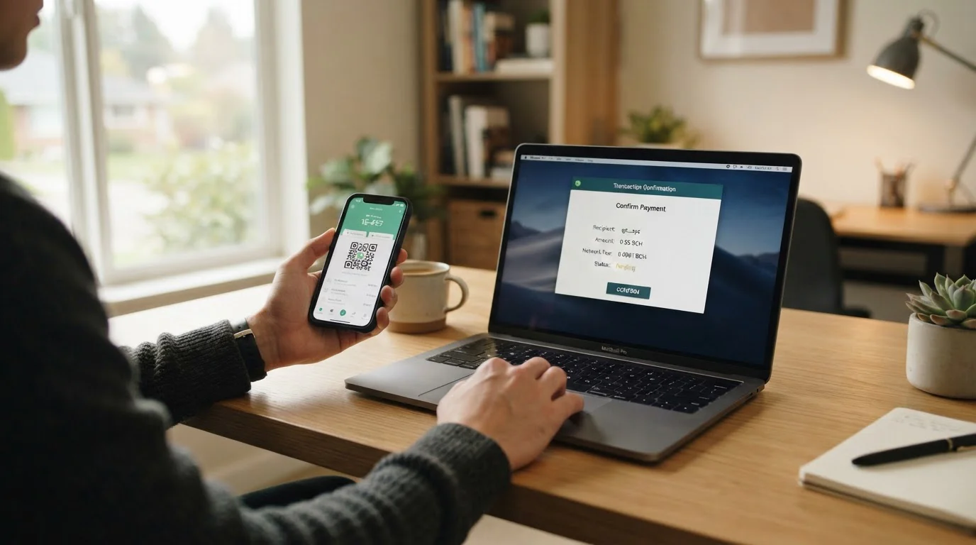 Persona con laptop y wallet móvil realizando transacción de criptomoneda en ambiente luminoso y seguro