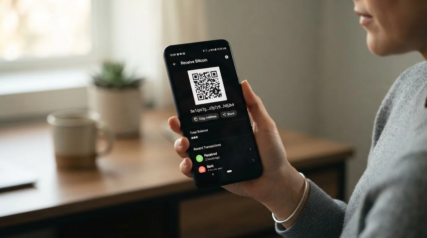 Smartphone mostrando wallet Bitcoin con dirección de depósito generada