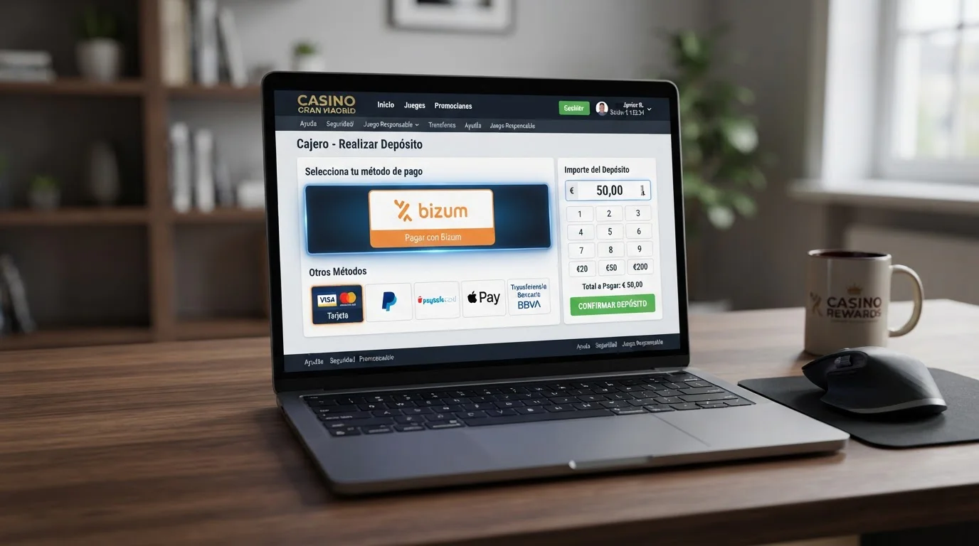 Pantalla de cajero de casino mostrando opciones de depósito con Bizum destacado