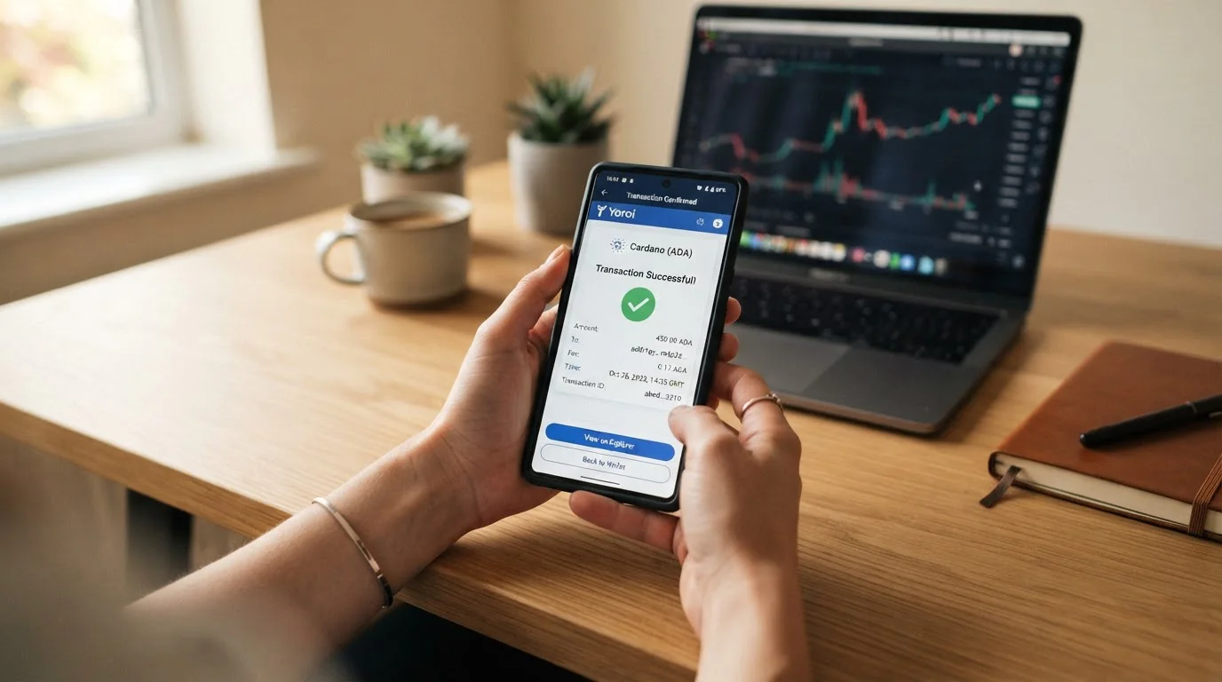 Proceso de depósito con Cardano mostrando wallet y confirmación blockchain