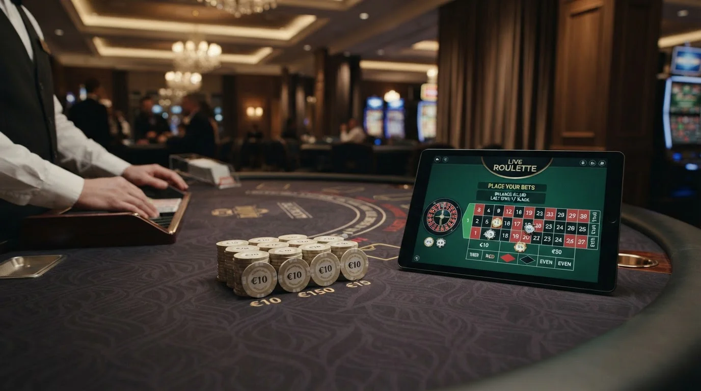 Mesa de casino online con fichas y interfaz mostrando depósito de 10 euros