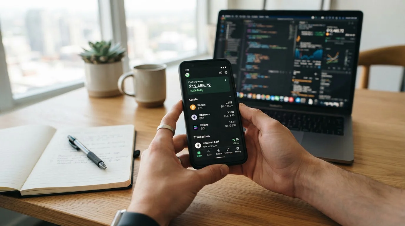Persona configurando wallet de criptomonedas en smartphone con laptop al lado