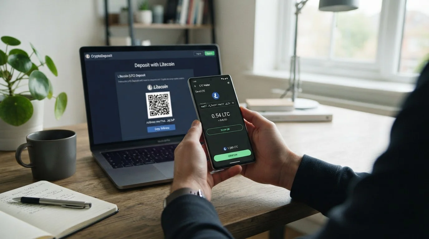 Manos sosteniendo smartphone con wallet Litecoin mostrando interfaz de transacción y laptop con pantalla de depósito casino