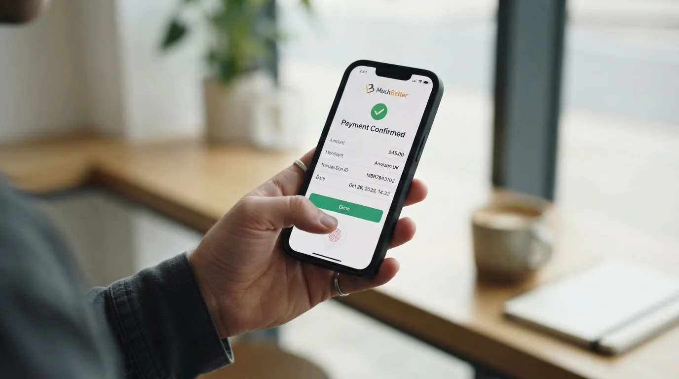 Mano sosteniendo smartphone con app MuchBetter abierta y botón confirmar pago