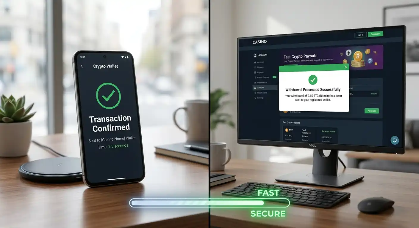 Pantallas mostrando confirmación rápida de transacción blockchain y retiro procesado