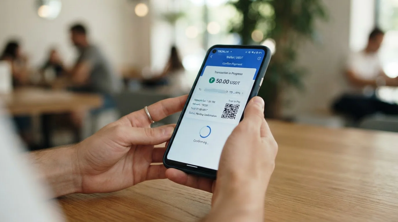 Smartphone con aplicación de billetera cripto mostrando transacción USDT TRC20 en proceso