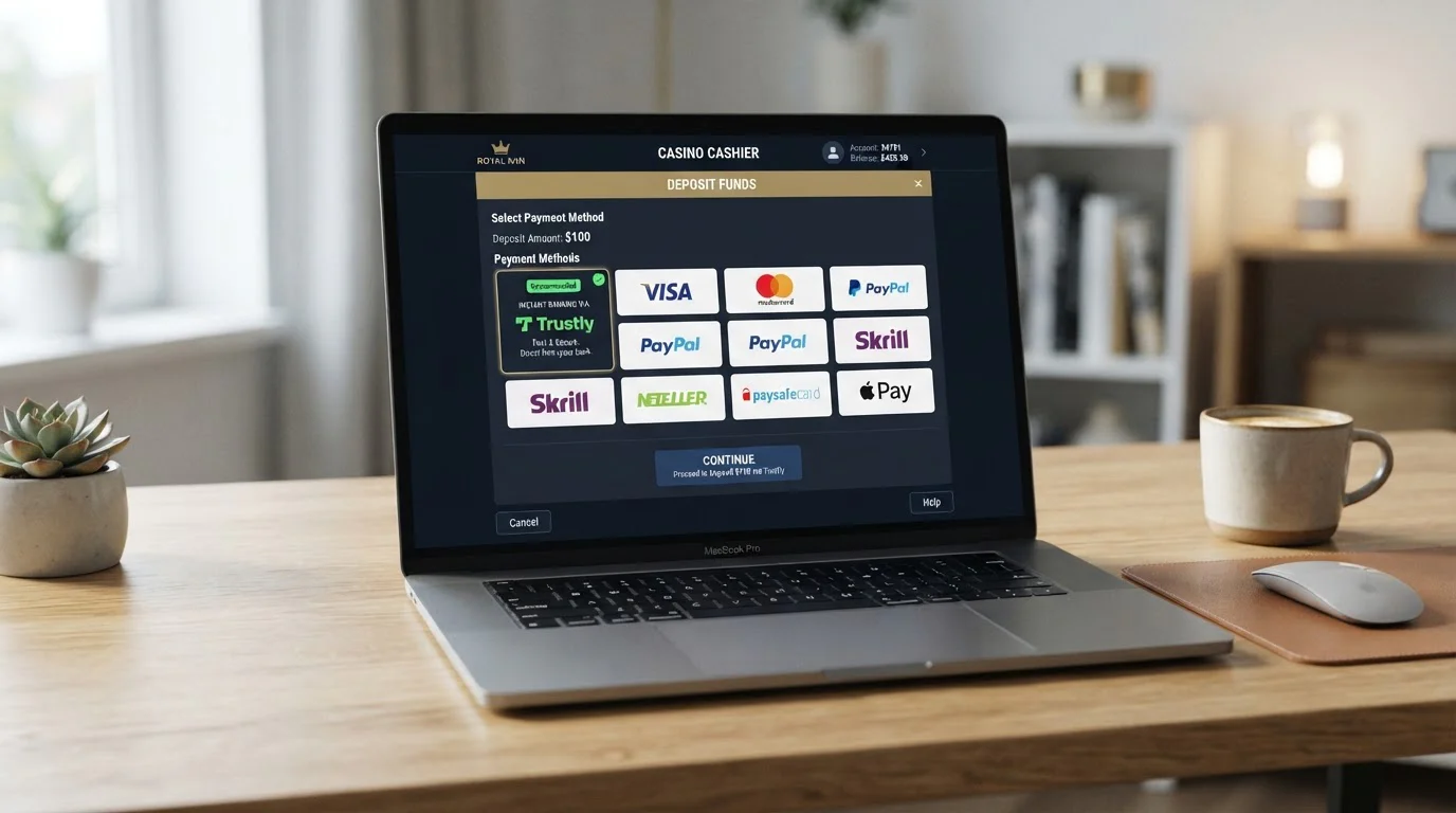 Interfaz de cajero mostrando Trustly disponible para depósito