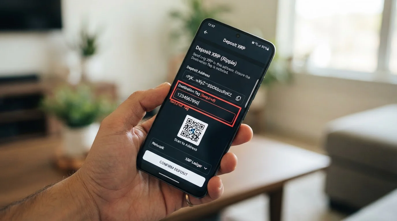 Pantalla de smartphone mostrando interfaz de depósito XRP con campo destination tag destacado