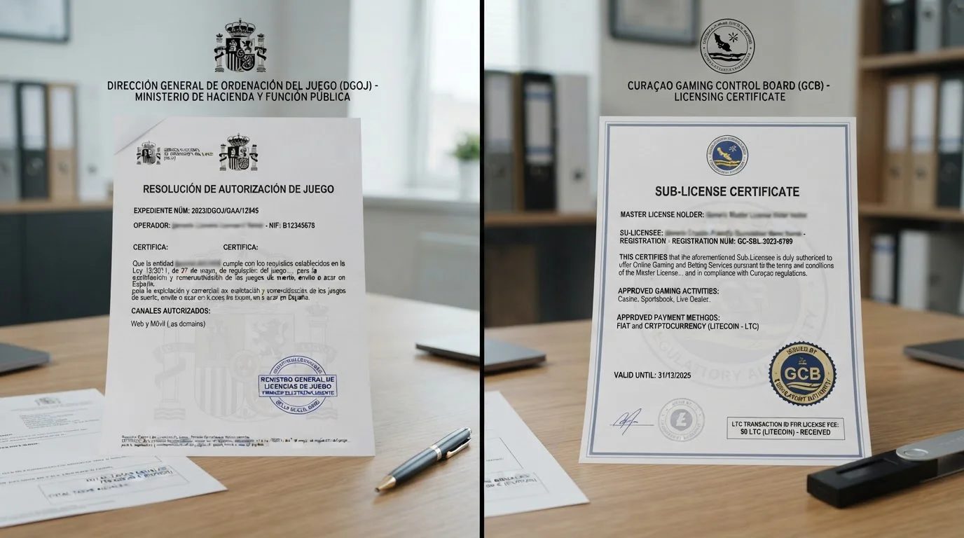 Comparación visual entre documentos regulatorios DGOJ con símbolo EUR y licencia Curaçao con símbolo LTC