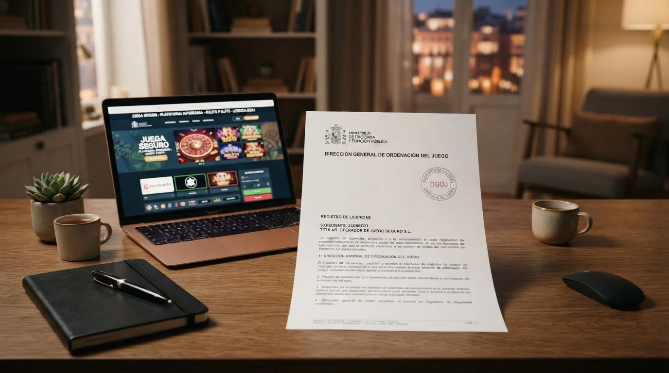 Documento oficial con sello de regulador español y laptop mostrando interfaz de casino