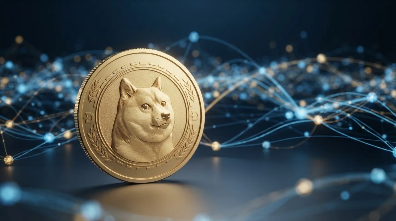Moneda Dogecoin sobre blockchain digital con símbolos de transacción